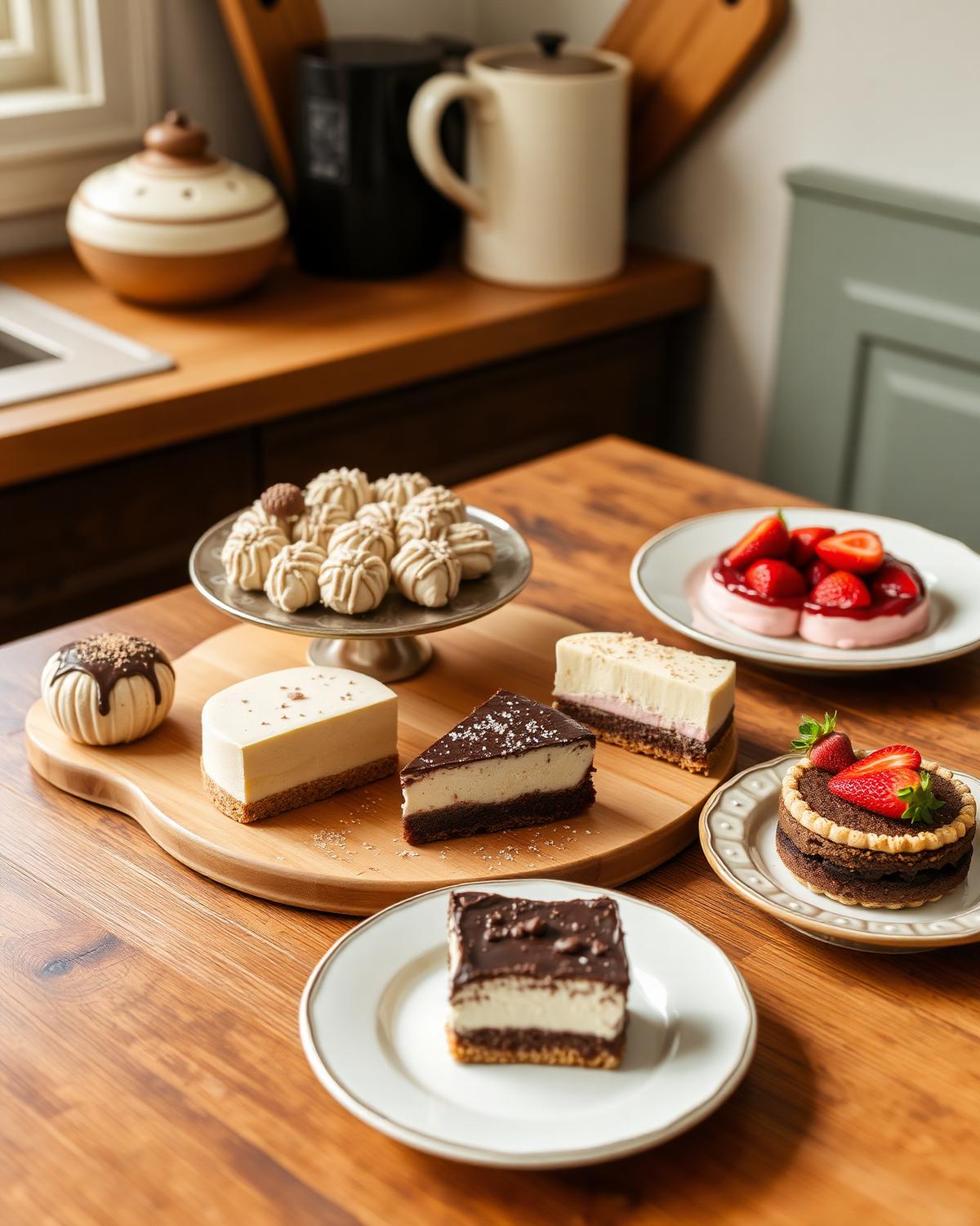 Mesa com sobremesas clássicas: brigadeiros, pudim, tiramisù e tortas