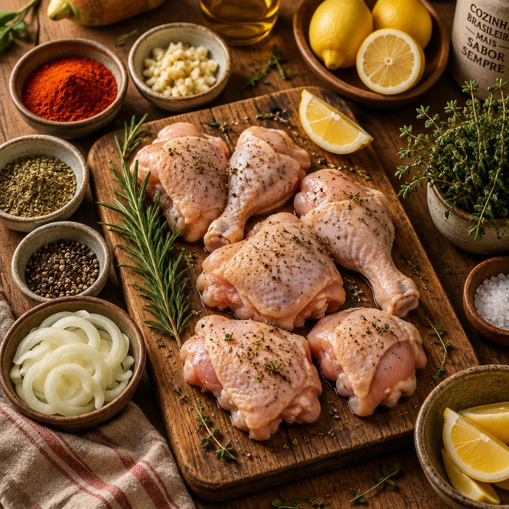Frango cru temperado com ervas, limão e especiarias em uma tábua de madeira rústica